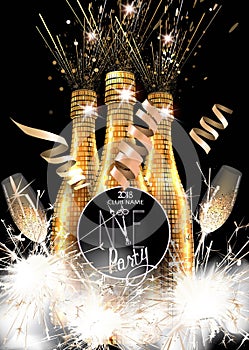 New year party invitation card with bottles of champagne, glasses and sparklers.