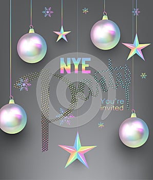 New year party invitation card with pearl colored christmas design elements.