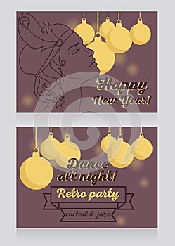 New year party invitation in retro style with beautiful flapper woman profile