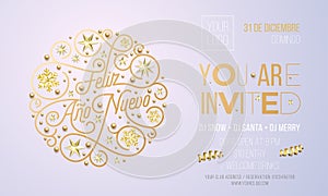 New Year party invitation for Spanish Feliz Ano Nuevo holiday event celebration desing template. Vector Xmas or New Year party inv