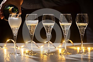 New year party, pouring of brut champagne bubbles cava or prosecco wine in tulip glasses with garland lights on background