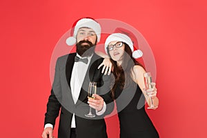 New Year party. xmas office party. they love new year. greetings concept. formal couple visiting event ceremony. tuxedo