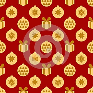New year pattern with Christmas symbols in red and goldencolors