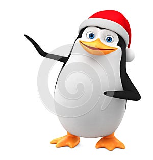 New Year. Penguin in a red cap indicates a blank space on a white background. 3d render illustration