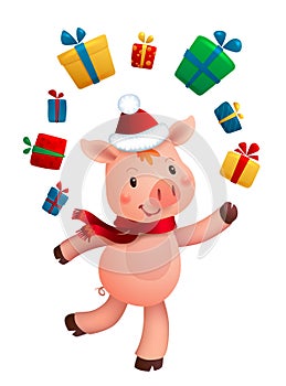 New Year Pig and Gifts. Vector illustrations of 2019 Chinese Symbol Isolated on White Background
