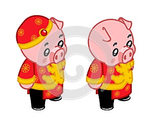 New year piggie birthday traditional kid wear costume chinese pig boy isometric character design vector illustration photo