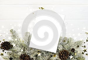 New year postcard mockup. Fir tree border on white background. Christmas holiday card template