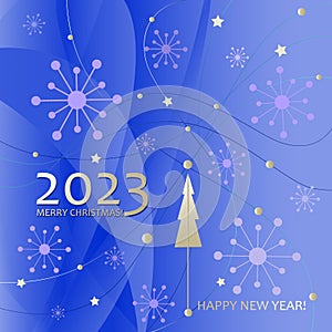 New Year. Postcard, poster. Merry Christmas 2023. Winter abstract background with snowflakes, stars