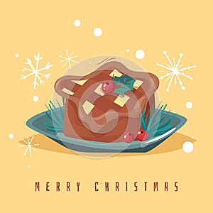 New Year Poster. Christmas Stollen cake poster. Vector illustration. Holiday baking pie
