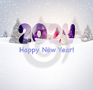 2024 New Year poster with lettering on bright morning light background with blurred Christmas trees and snow drifts