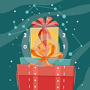 New Year Poster. New year`s gifts poster. Vector illustration. Christmas surprises