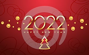 2022 New Year poster template with shining gold balls and Christmas tree on red background. Vector illustration