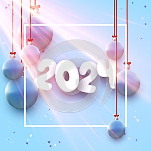 2024 New Year poster with white paper lettering on light blue morning background with Christmas balls and sun rays