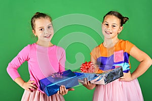 New Year presents concept. Children open gifts for Christmas.
