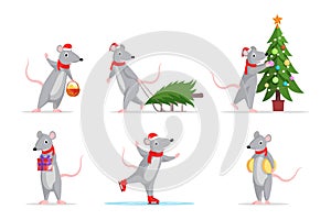 New Year rats color illustrations set. Cute mice skating, decorating fir tree, with gift box icons, sticker collection