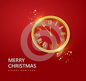 New year red background with christmas vintage clock. Festive design with Christmas decorations, balls, streamer and