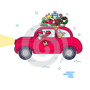 New Year. The red car carries a Christmas tree. The imagec in a line style