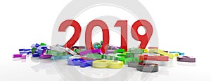 2019 New year. Red 2019 figures and colorful numbers heap on white background, banner. 3d illustration