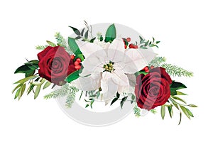 New year red rose flowers, white poinsettia, Christmas tree branch, berry, leaves bouquet. Winter holiday editable watercolor