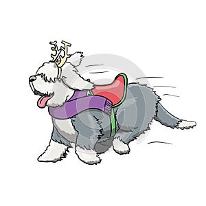 New Year Reindeer Furry English Bobtail Dog Cartoon Character Running