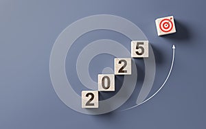 New year resolution 2025. Goal achievement. Ambition aiming success. Dartboard and arrow with number 2025. Hitting target,
