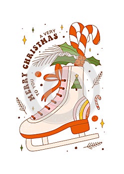 New year retro greeting card with Christmas ice skates. Roller skate with candy cane, holly, rainbow, spruce in 70s style.