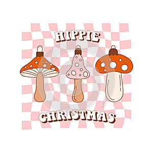 New year retro greeting card with Christmas toys. Groovy toys of mushroom in 70s style on checkerboard background.