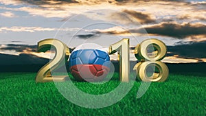 New year 2018 with Russia flag soccer football ball on grass, blue sky background. 3d illustration