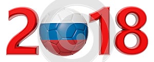 New year 2018 with Russia flag soccer football ball on white background. 3d illustration