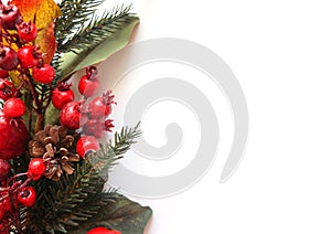 New Year`s background with a fir-tree branch, a garland and toys