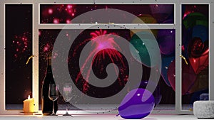 New Year\'s background with window frame and firework exploding outside