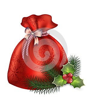 New Year`s bag of boots with gifts, fir-trees, missiles, mistletoe and candies illustration