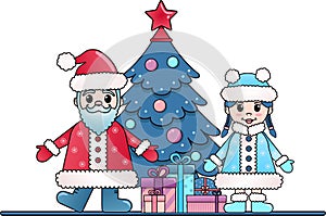 New Year's banner with Santa Claus, snow maiden, Christmas tree and gifts