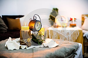 New Year`s candle on a festive table