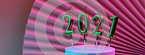 New Year`s candles 2021 on the round podium, illuminated by neon, against the background of the fan. A modern concept