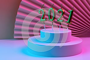 New Year`s candles 2021 on the round podium, illuminated by neon, against the background of the fan. A modern concept