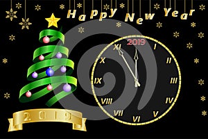 New Year`s card, a banner with a green ribbon in the form of a New Year`s, Christmas tree, a golden clock and snowflakes.