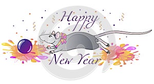 New Year`s card or banner with the symbols 2020 - a cute decorative rat playing with a ball on a background of candy and serpentin