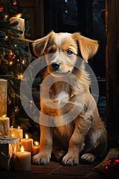 A New Year's card. Cute puppy on the background of a Christmas tree. Christmas Eve.