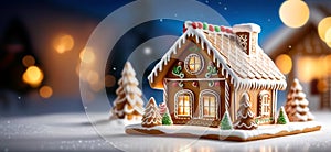 New Year's card with a gingerbread house and colorful bright elements on a dark blue background with bokeh. Place to