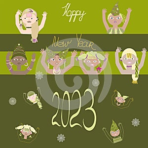 new Year s card with girls of different ethnicity