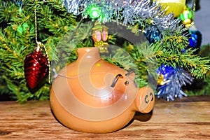 New Year`s card year of the pig piglet doll pots on the background of a dressed Christmas tree