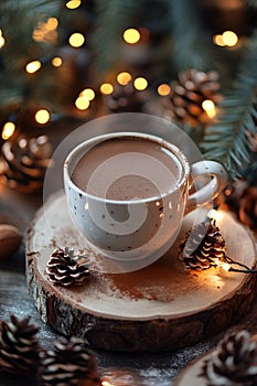 New Year\'s chocolate cake cooked in microwave oven in mug on vintage gray background texture. Top view.New Year card. photo