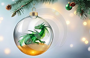 New Year\'s Christmas glass ball with a Chinese green dragon inside hanging on a fir tree branch