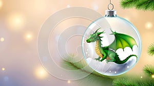 New Year s Christmas glass ball with a Chinese green dragon inside hanging on a fir tree branch against light bokeh background.