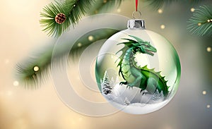 New Year s Christmas glass ball with a Chinese green dragon inside hanging on a fir tree branch against light bokeh background.