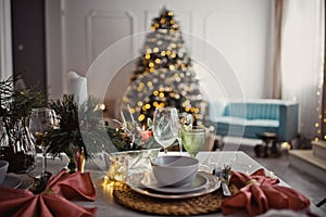 New Year`s Christmas table, setting for a festive dinner. Home interior