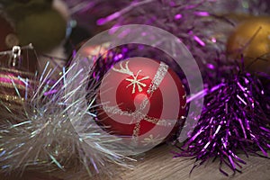 New year`s, Christmas toys and tinsel