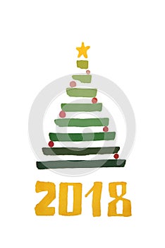 New Year`s Christmas tree with balls and numbers 2018 painted wi