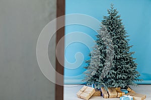 New Year`s Happy Christmas Tree decor presents interior postcard